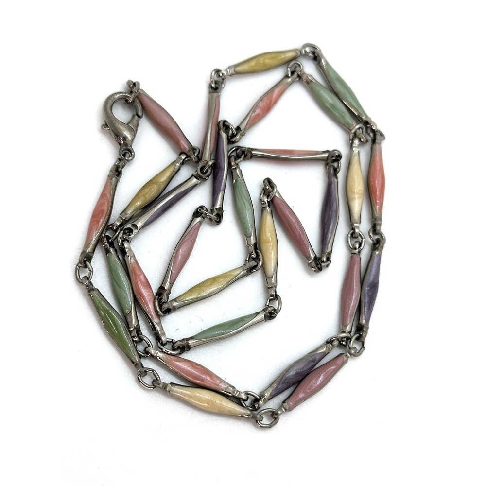 Vintage Pastel Enamel Link Necklace Gold Tone Green Yellow Purple Pink